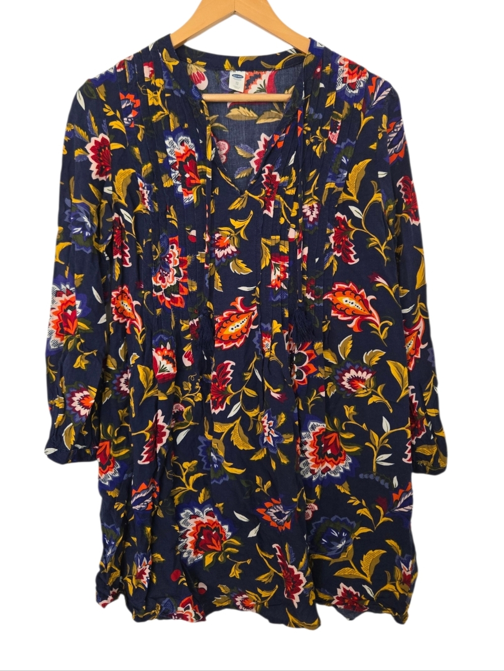 Old Navy Boho Floral Peasant Dress Navy Tassel Tie Flowy Top XS